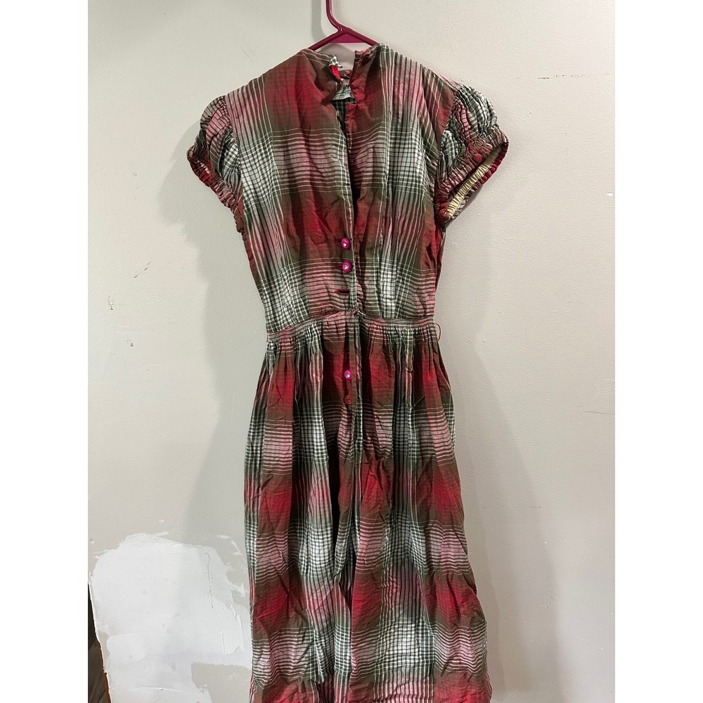 Vintage 50's Marcy Allen Original Red Green Plaid Puff Sleeve  Button Dress